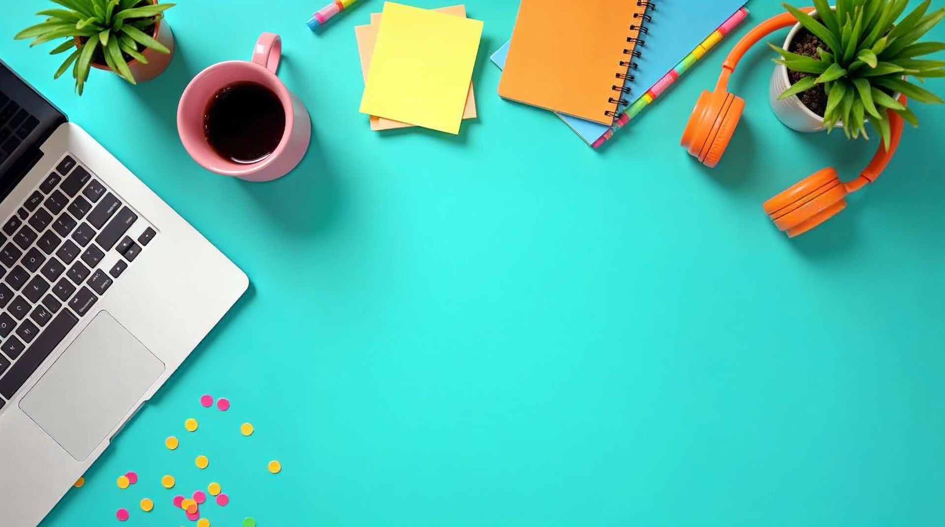 A bright turquoise desk seen from above with an open laptop, a pink coffee mug, yellow sticky notes, a green plant, colorful notebooks and orange headphones
