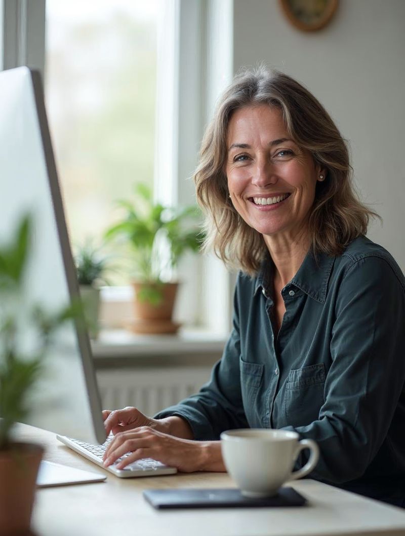 A smiling middle-aged woman with shoulder-length brown hair types at a computer in a bright home office, with a coffee mug and a green plant on the desk