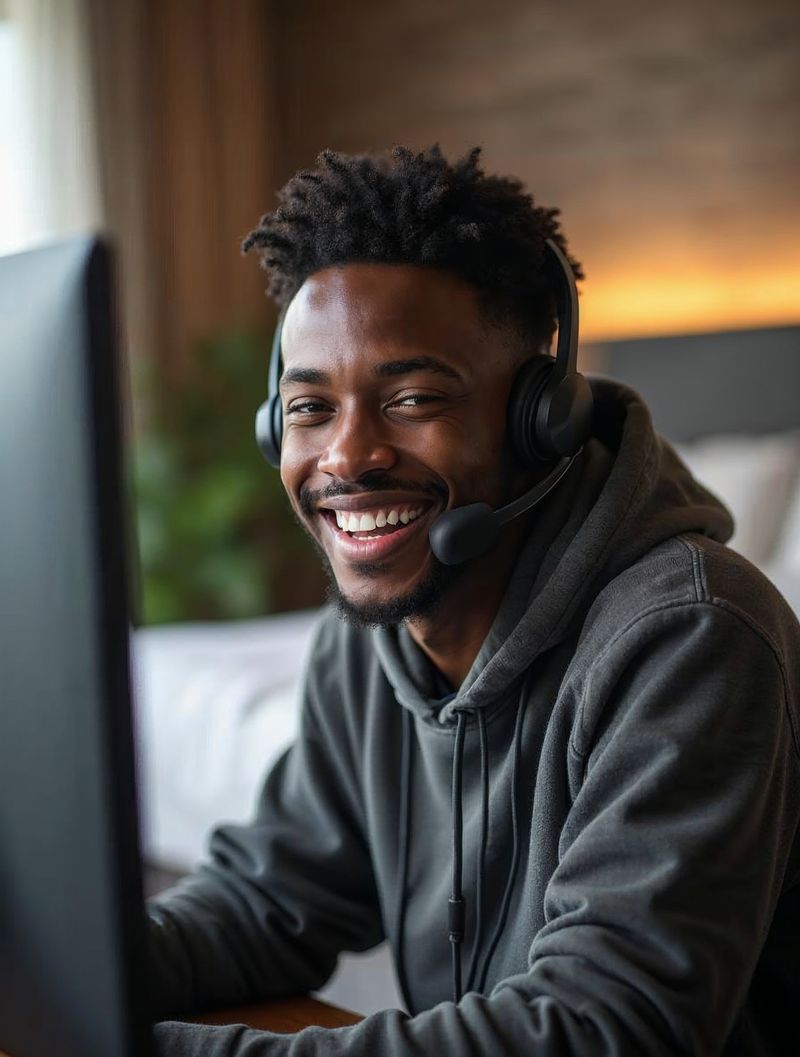 A smiling young man in a hoodie and a headset sits at a computer in his bedroom and talks to a customer on a video call