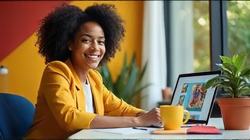 A smiling woman editing her own website in a browser page editor