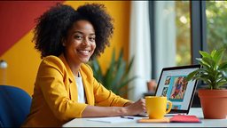 A smiling woman editing her own website in a browser page editor