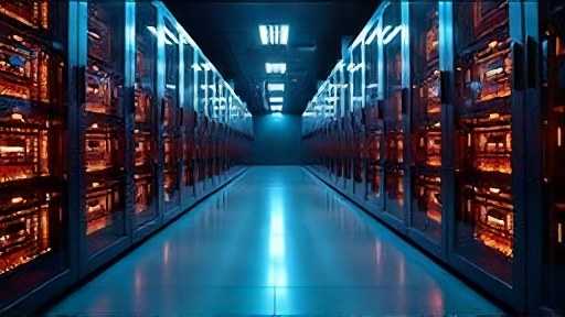 A clean server room aisle with rows of glowing server racks