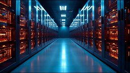 A clean server room aisle with rows of glowing server racks