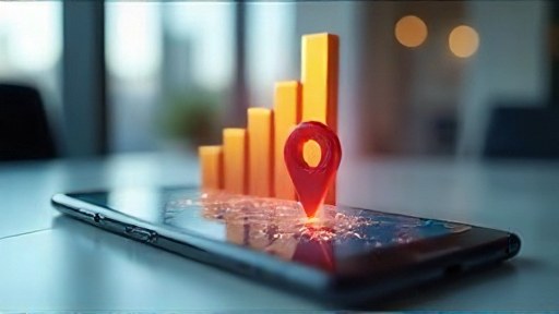 A phone with a red map pin and a rising bar chart for local search results