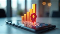 A phone with a red map pin and a rising bar chart for local search results