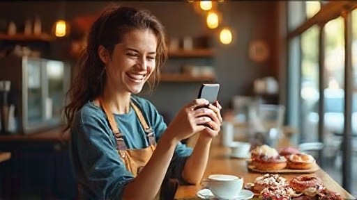 A cafe owner taking a photo for social media with her phone