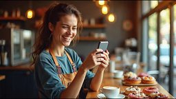 A cafe owner taking a photo for social media with her phone