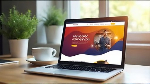 A laptop on a sunny desk showing a colorful new business website