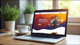 A laptop on a sunny desk showing a colorful new business website