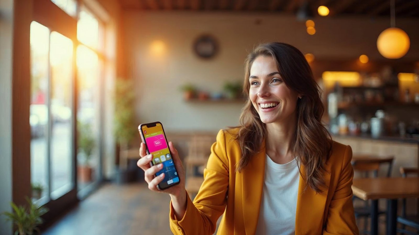 Smiling person holding a phone that shows an app, next to the Apple iOS icon and the Google Play icon, on a bright background