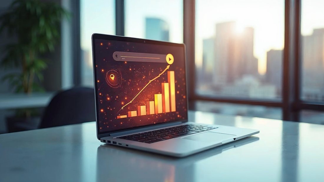 A laptop on a desk showing search results with a rising chart, the Omaha skyline behind