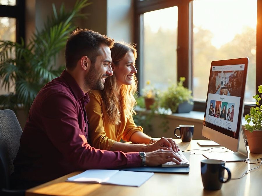 A smiling couple at a sunlit office desk reviewing a colorful website on a large monitor