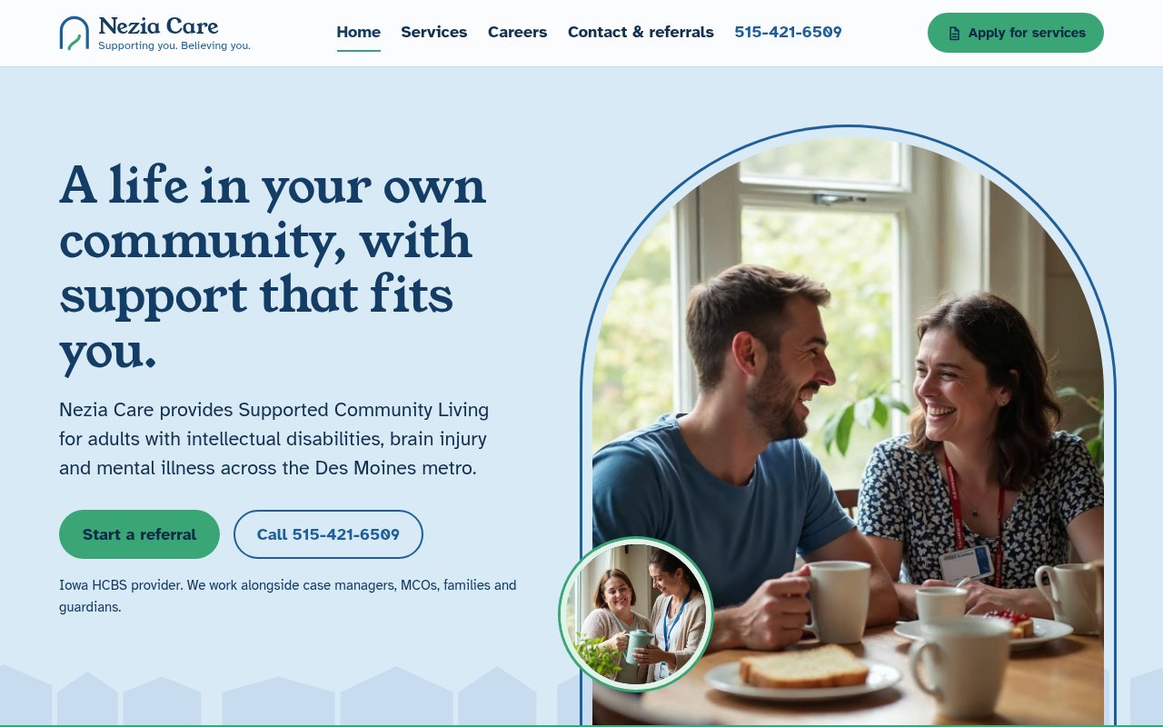Home page of Nezia Care, a website Websnoogie just built: headline, referral buttons and a photo of a support worker with a client
