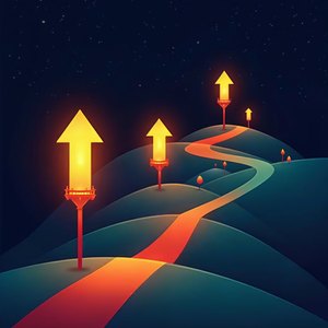 Illustration of arrow-shaped lanterns passing light packets along a road between server towers.