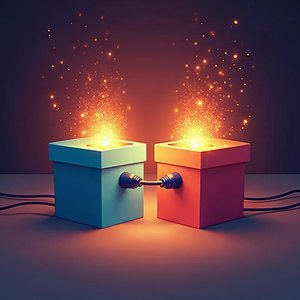 Colorful illustration of two glowing boxes joined by an arc of light with plugs at each end