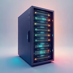 Colorful illustration of a steel server tower with glowing compartments that hold separate bright cubes