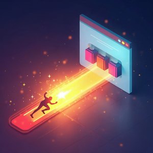 Colorful illustration of a golden spark moving into a browser window with colored blocks