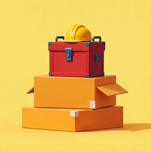 A red toolbox on a stack of plain orange boxes, with a yellow hard hat on top