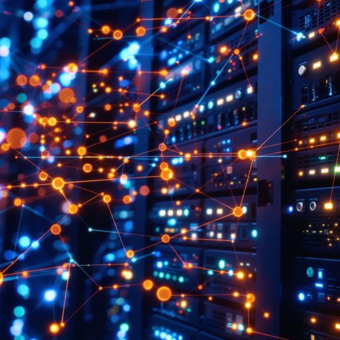 A picture of lights around server racks