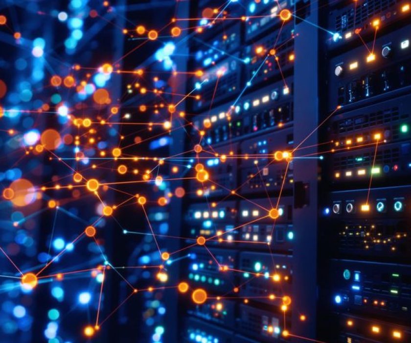 A picture of lights around server racks