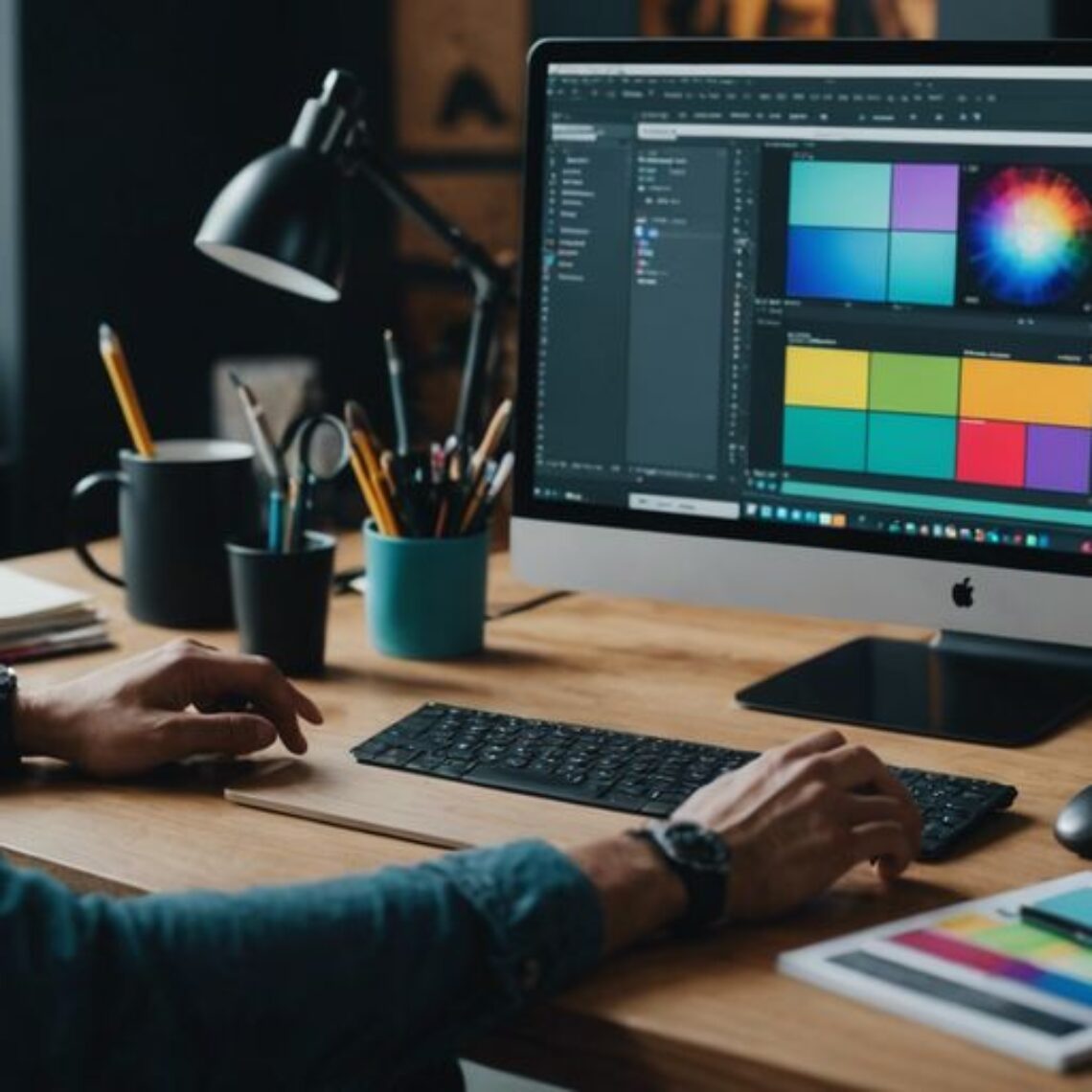 Web designer working on a computer with design software, surrounded by design tools and color palettes.
