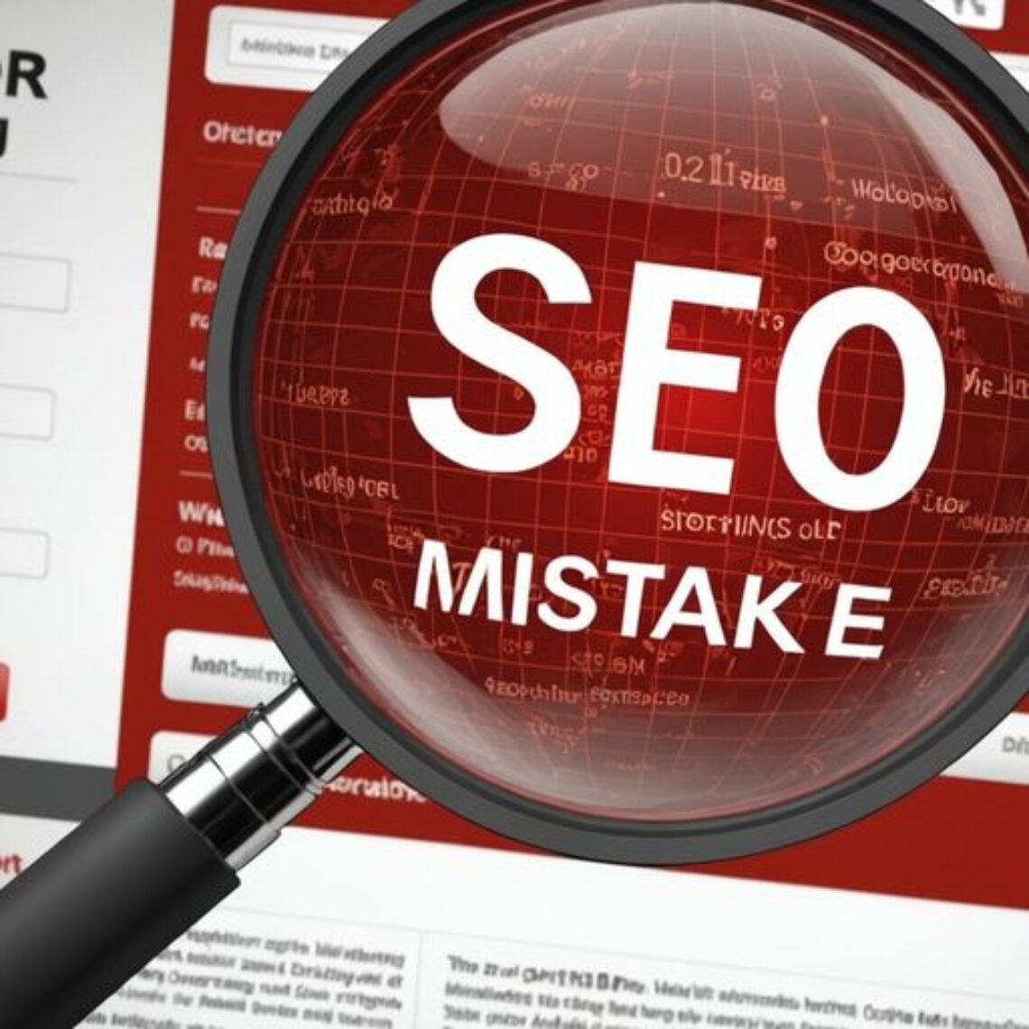 SEO mistakes highlighted on website with magnifying glass.