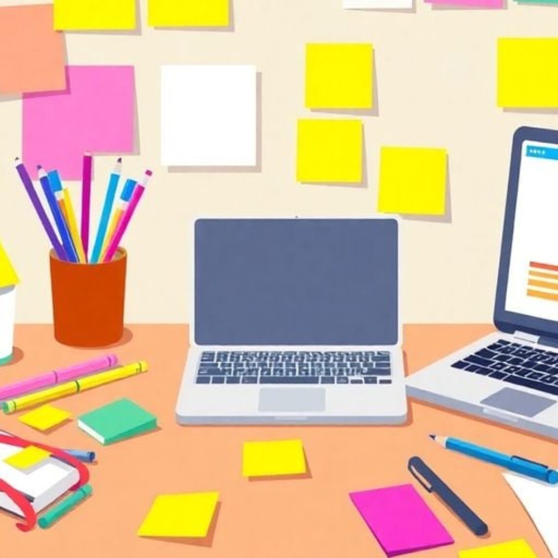 Creative web design workspace with colorful tools and laptop.