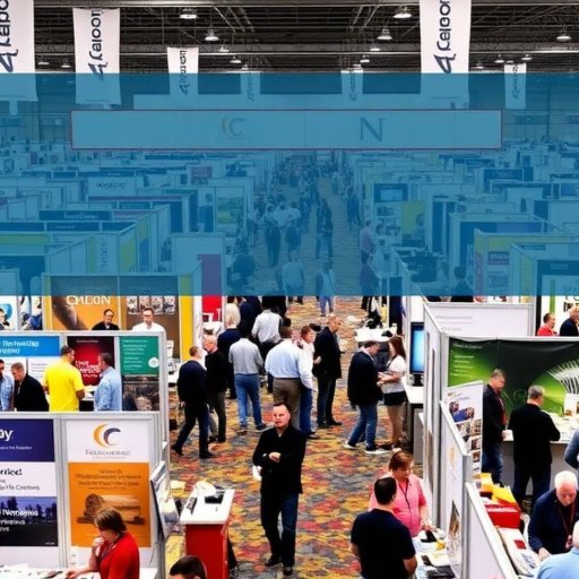 Colorful trade show booths filled with enthusiastic attendees.
