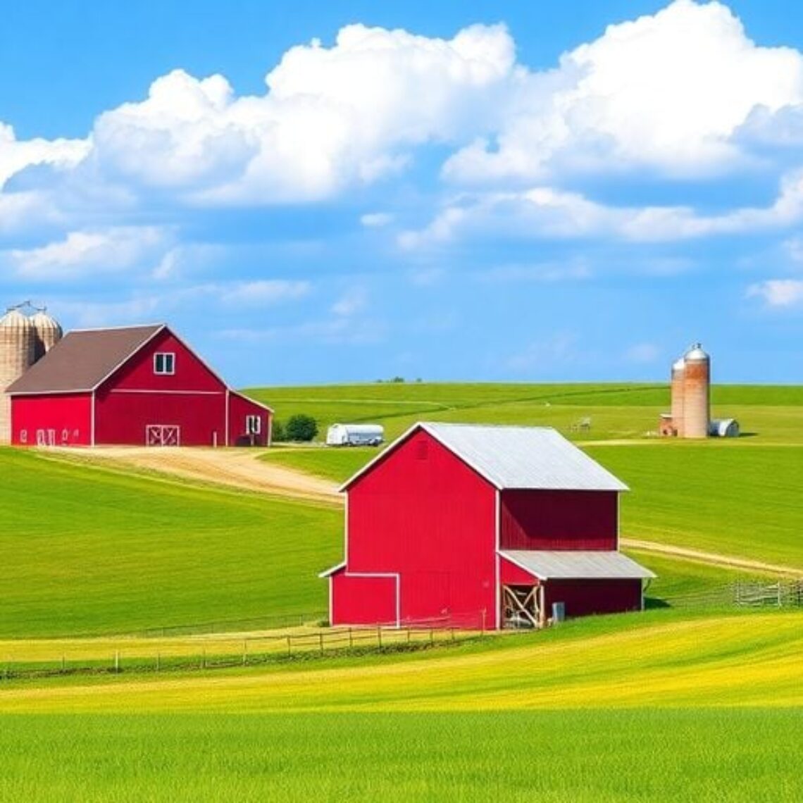 Nebraska farm landscape with fields, barn, and silos.