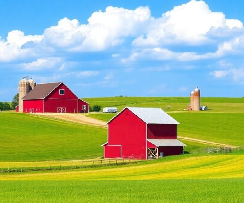 Nebraska farm landscape with fields, barn, and silos.