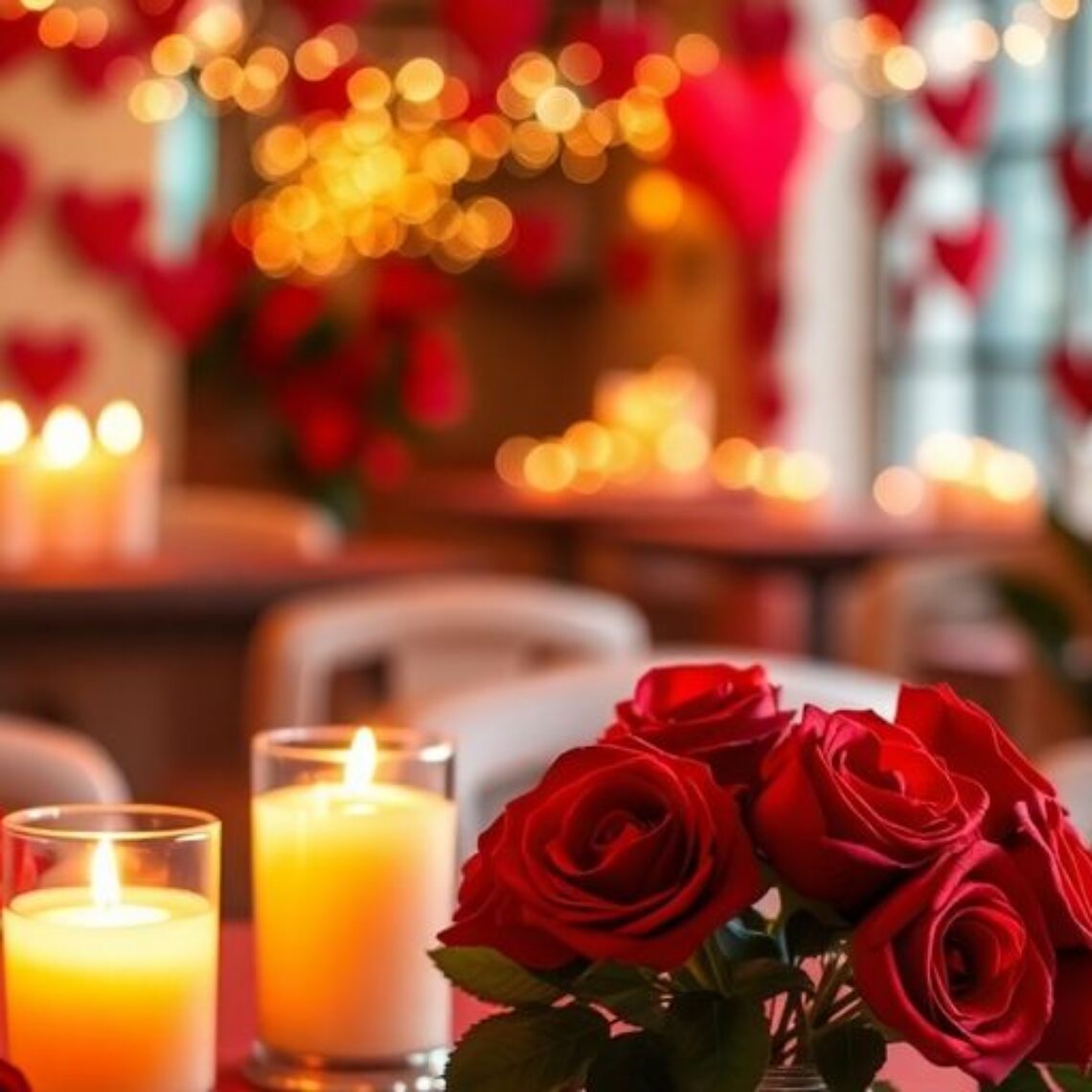 Romantic Valentine's Day decorations with roses and candles.