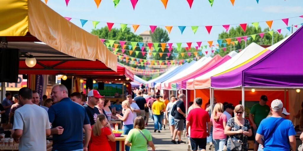 Outdoor festival scene in Nebraska with colorful tents.