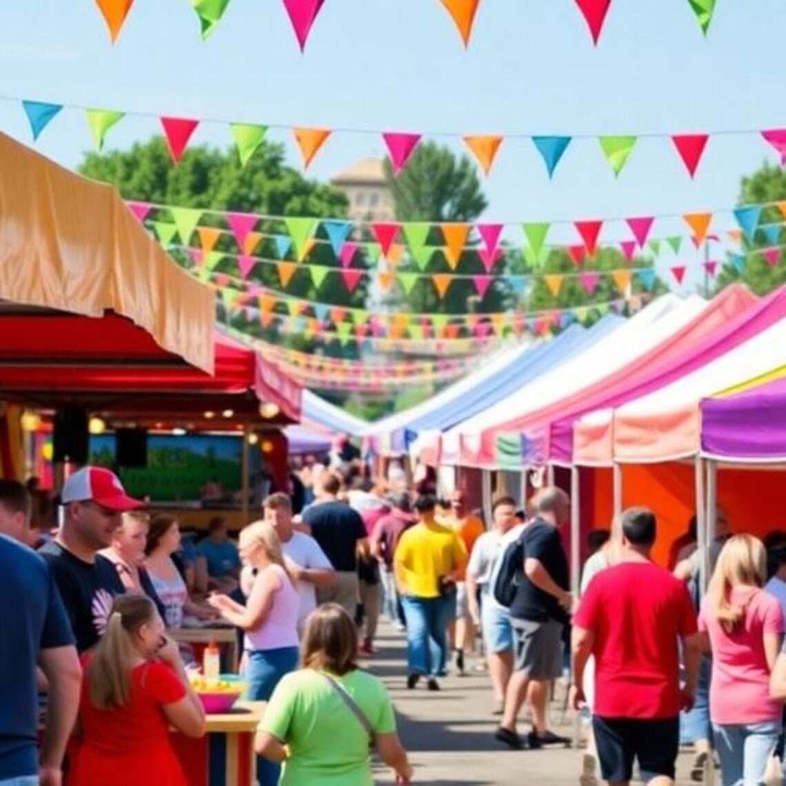 Outdoor festival scene in Nebraska with colorful tents.