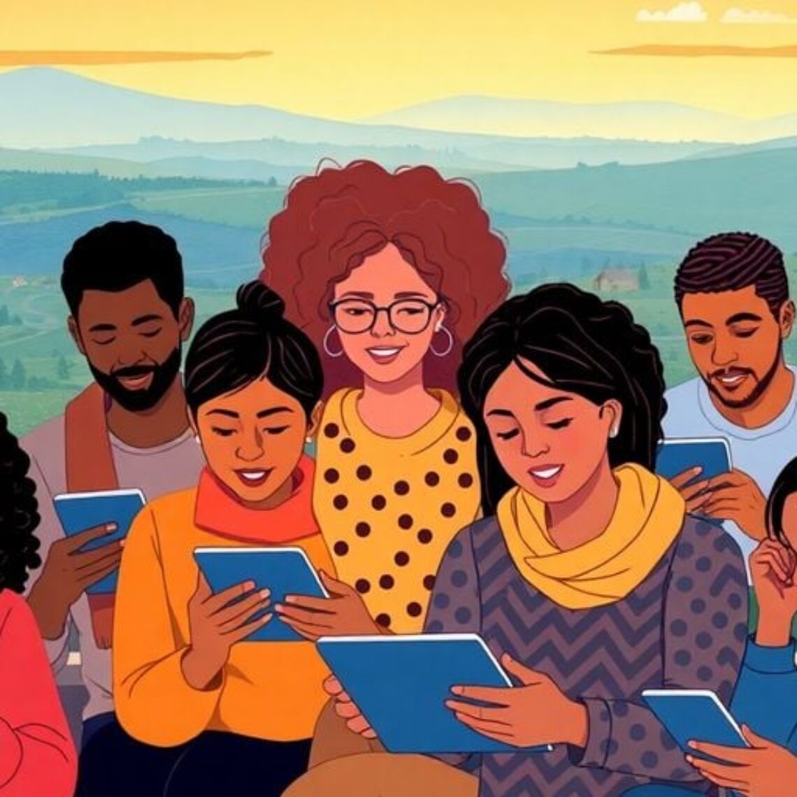 Diverse individuals in Nebraska engaging with digital devices.