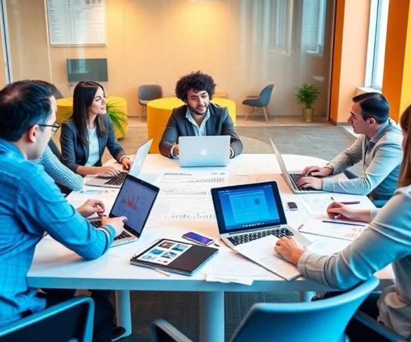 SEO team collaboration in a modern office space.