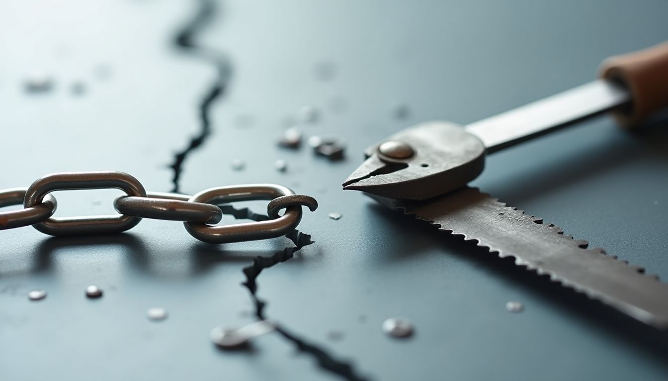 Broken silver chain and hacksaw for fixing links.