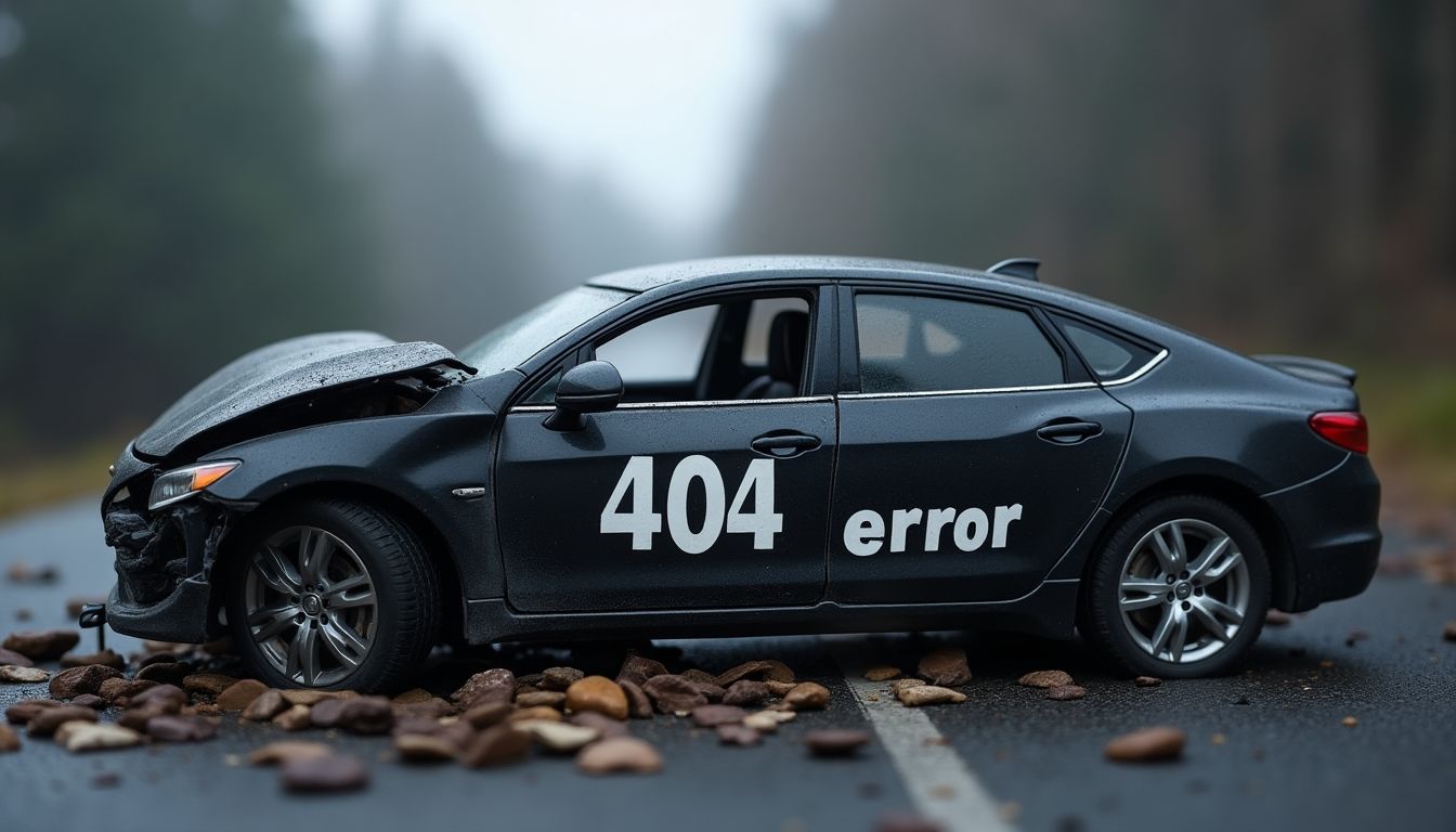 Car wreck with '404 Error' on the side.