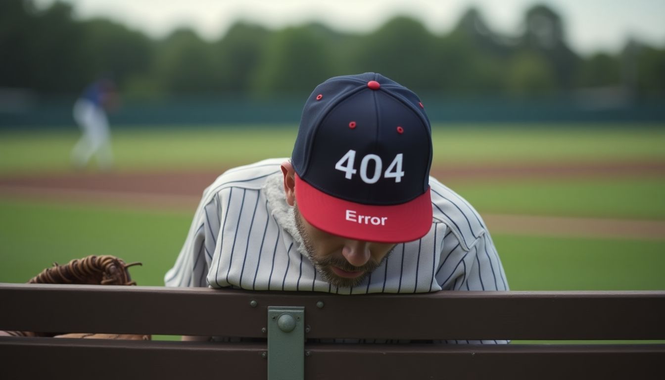 Depressed baseball player with '404 Error' cap.