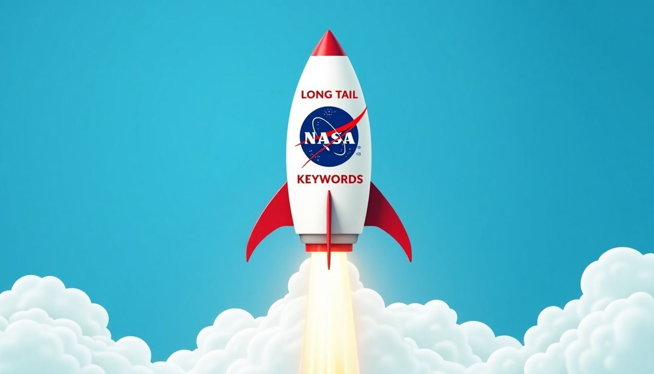 NASA rocket with 'Long-Tail Keywords' on the side.
