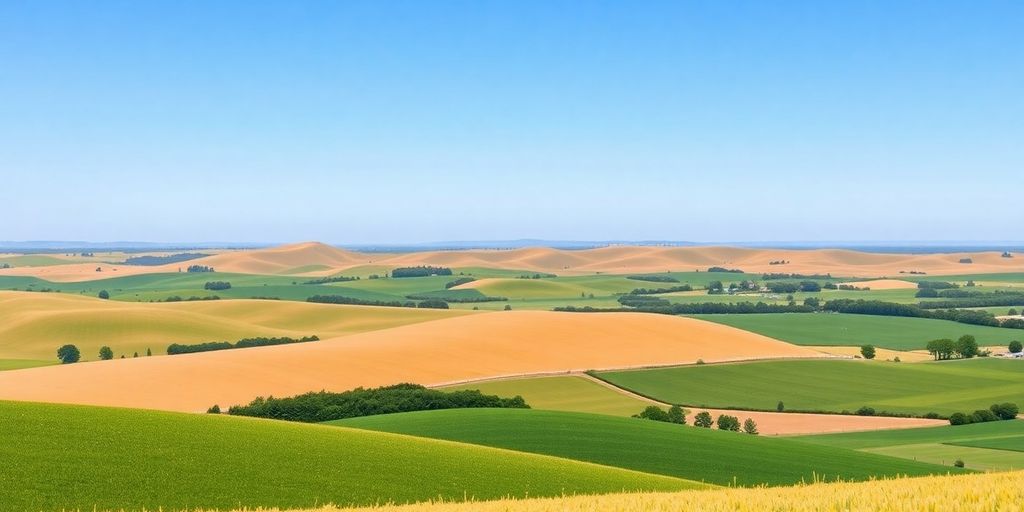 Nebraska landscape with hills and fields under blue sky.