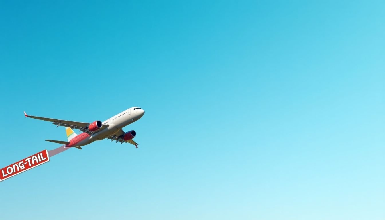 Airplane with a banner saying 'Long-Tail Keywords'.