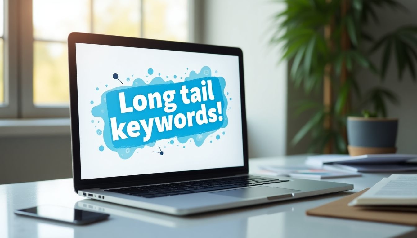 Laptop with long-tail keywords on the screen.
