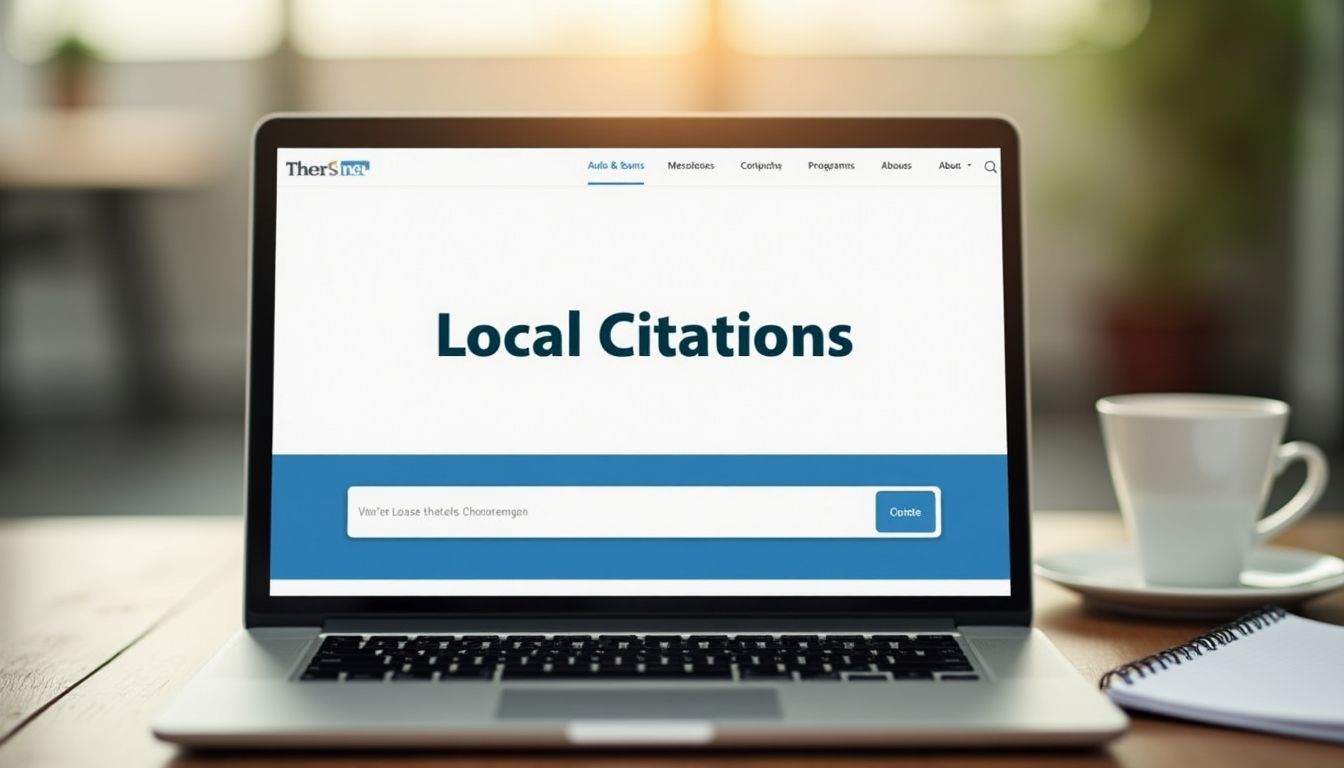 Laptop with 'Local Citations' on screen, business setting.