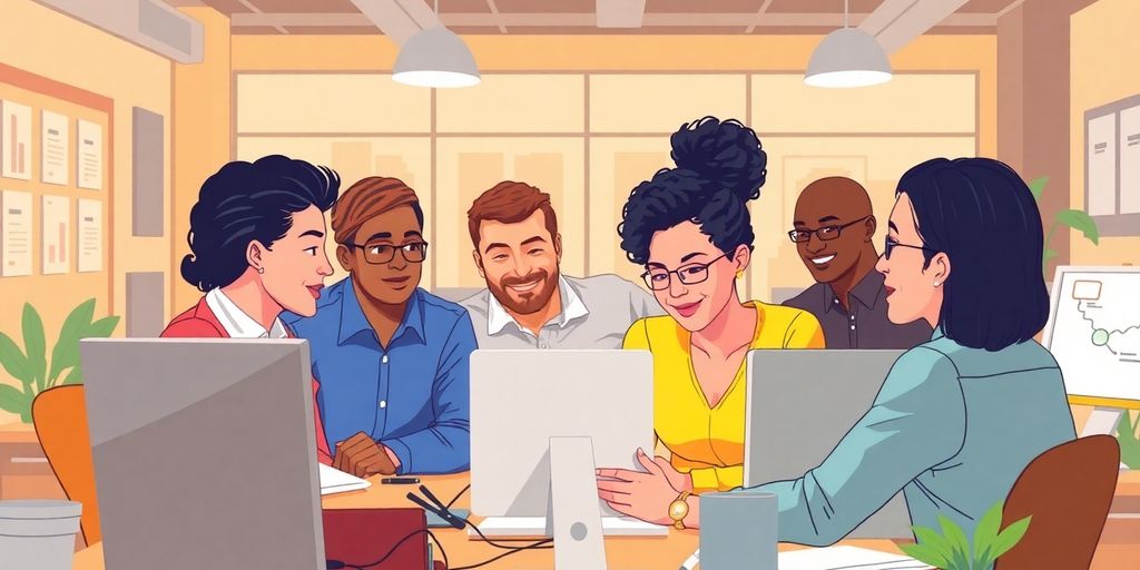 Diverse business owners collaborating on SEO strategies in office.