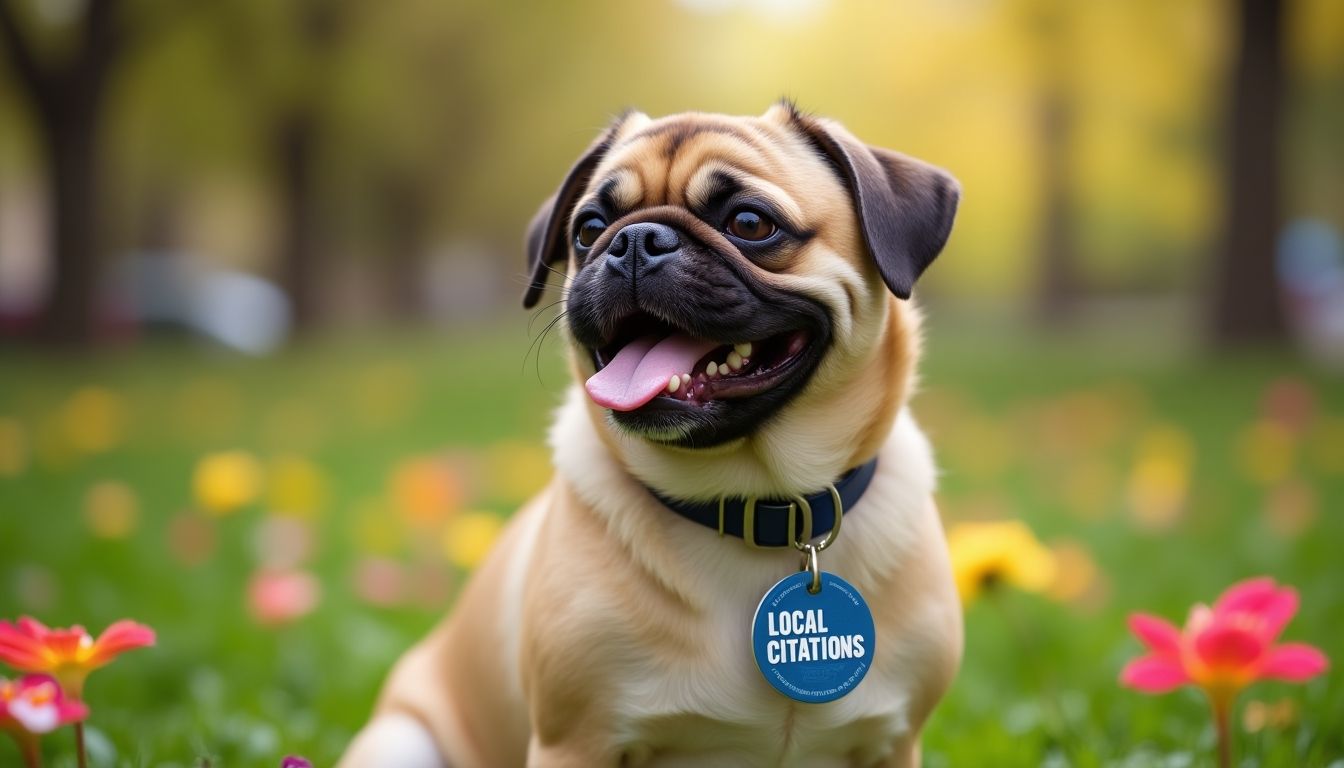 Puggle dog with a tag saying 'Local Citations'.