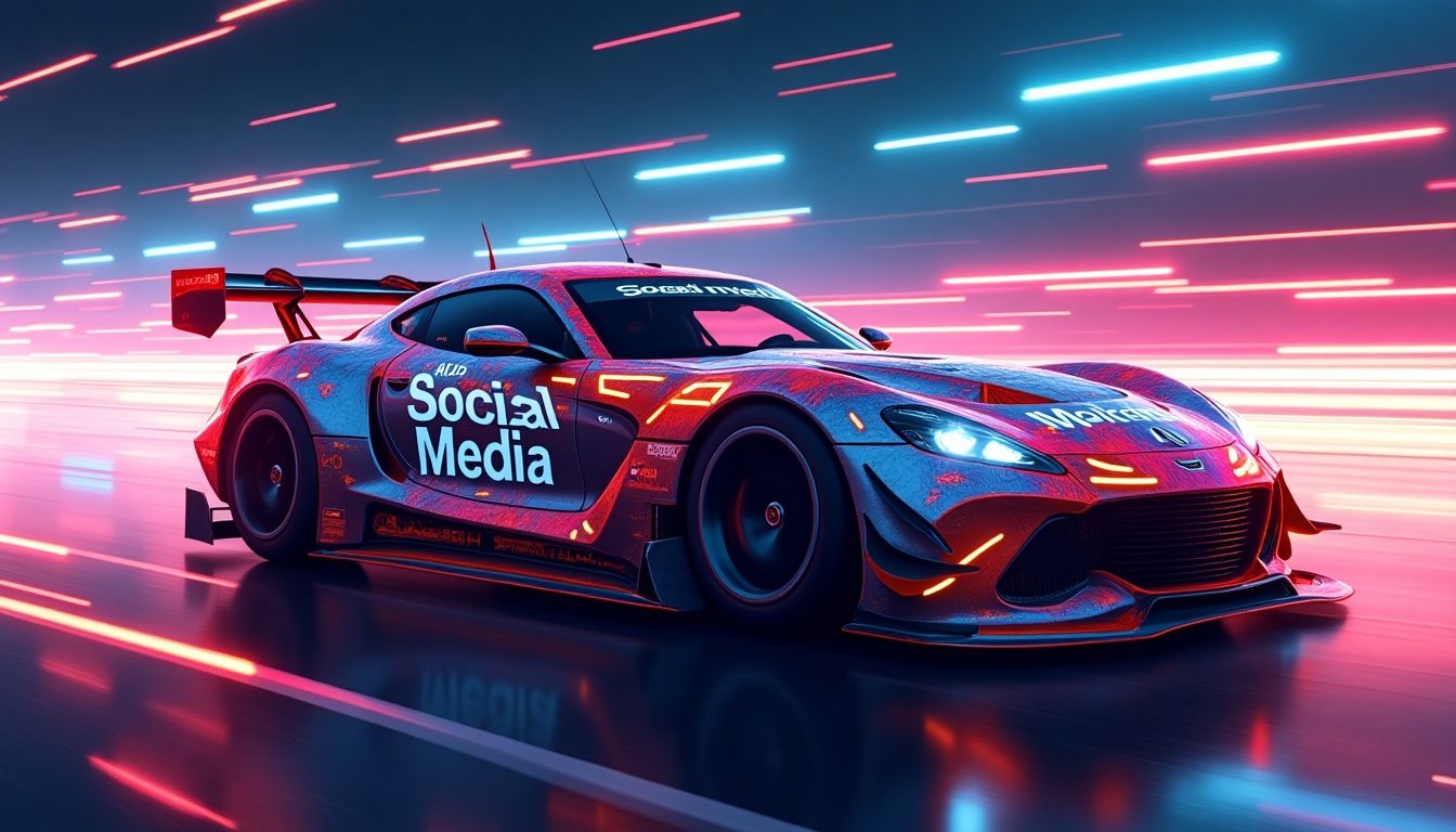 Race car with 'Social Media' on the hood.