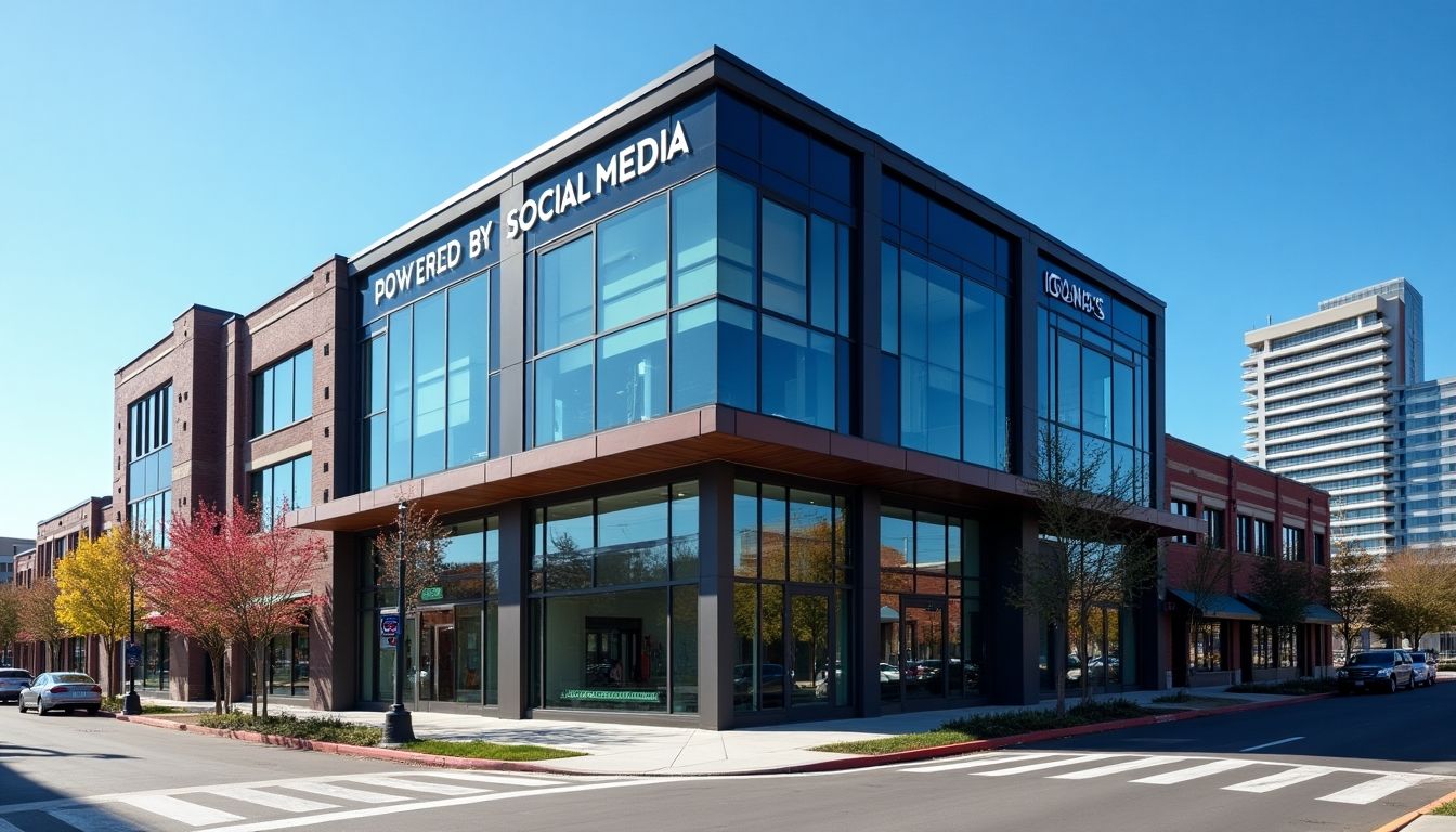 Omaha building with 'Powered by Social Media' sign.