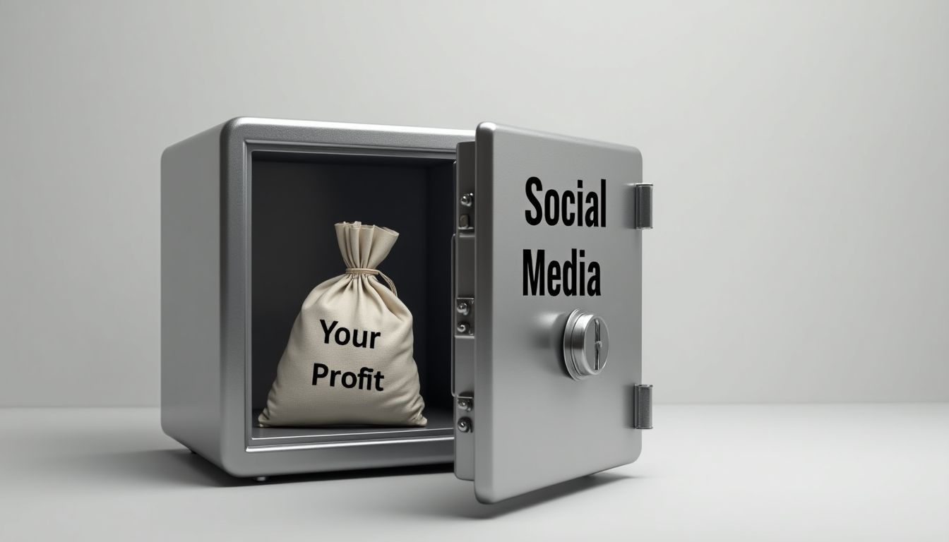 Open safe with 'Social Media' label and profit bag.