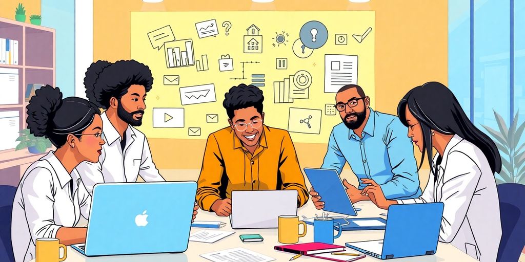 Diverse team collaborating in a modern workspace for ads.