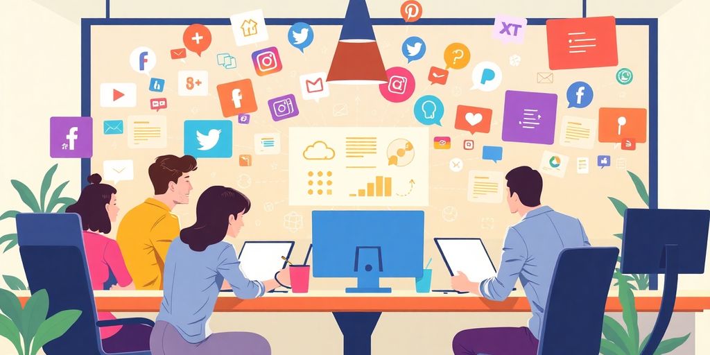 Digital marketing team collaborating in an office setting.